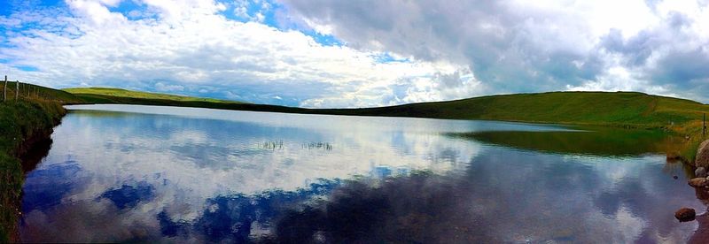 Scenic view of lake against cloudy sky