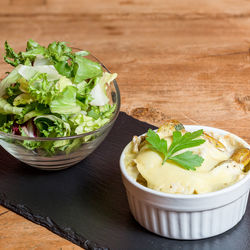 High angle view of salad in bowl on table