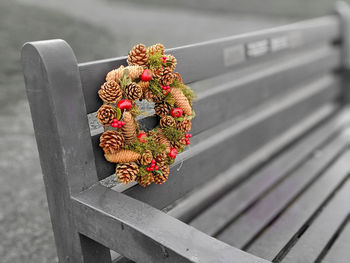 High angle view of decoration hanging on railing