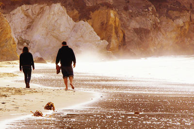 Rear view of men walking on beach