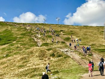 People hiking on grassy hill against blue sky during sunny day