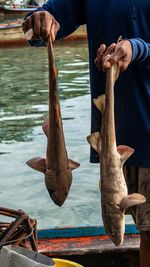 Man holding fish in water