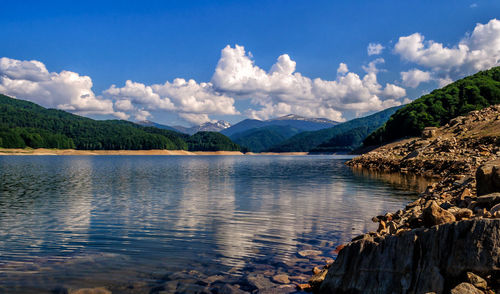 Scenic view of lake against cloudy sky