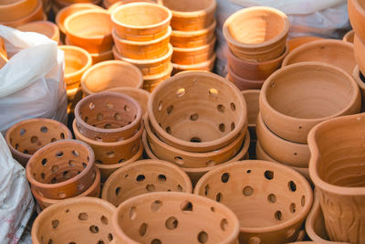 High angle view of pots for sale