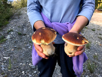 Midsection of man holding mushroom growing on field