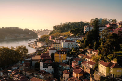 High angle view of townscape against sky during sunset