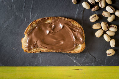 High angle view of bread with chocolate spread