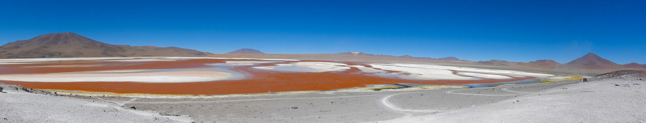 Panoramic view of desert against clear blue sky
