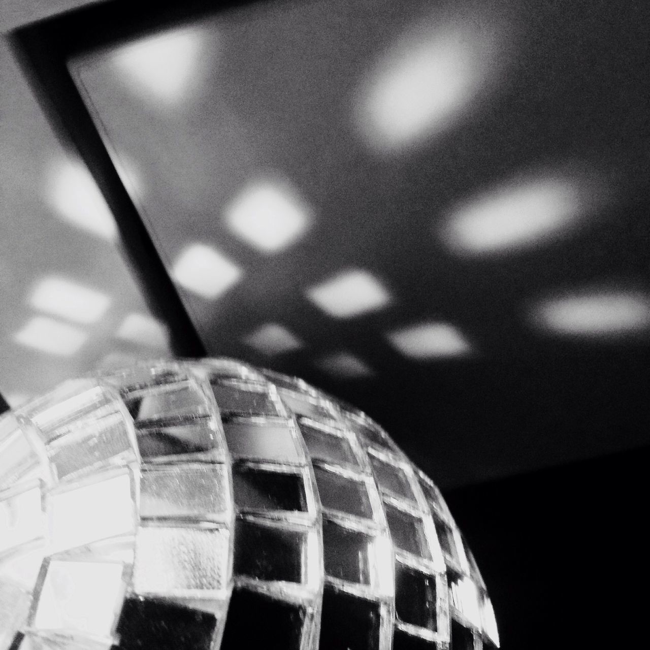 close-up, pattern, indoors, geometric shape, circle, auto post production filter, focus on foreground, no people, low angle view, built structure, transfer print, shape, architecture, design, sphere, still life, metal, night