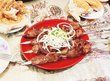 High angle view of meal served on table