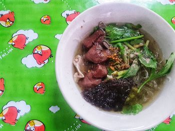 High angle view of soup in bowl on table