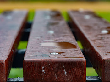 Raindrops on a bench, wet wooden boards. detail of polished wood