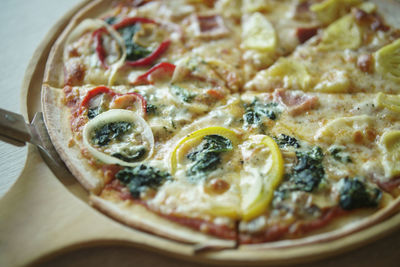 High angle view of pizza on table