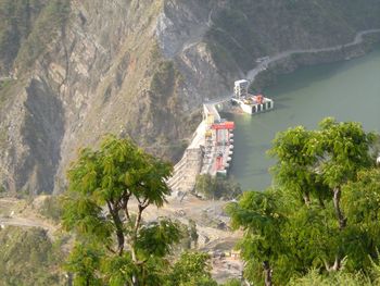 High angle view of trees and mountains