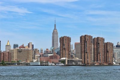 View of skyscrapers against cloudy sky