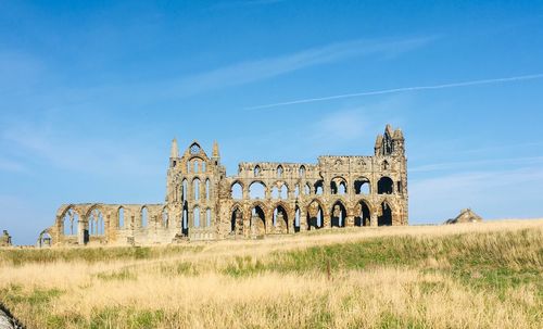 Old ruins of building on field against blue sky