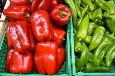 Full frame shot of red chili peppers at market stall