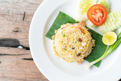 High angle view of food in plate on table