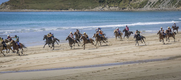 Group of people riding horses on beach
