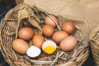 High angle view of eggs in basket