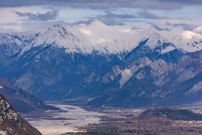 Scenic view of snowcapped mountains against sky