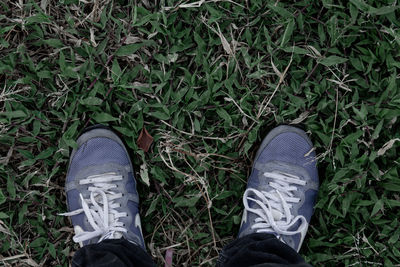 Low section of man wearing shoes on field