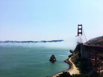 Scenic view of bay against clear sky