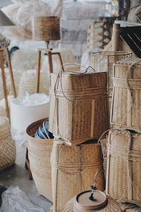 Variety of wicker baskets for sale in store