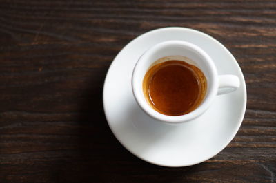 High angle view of coffee cup on table