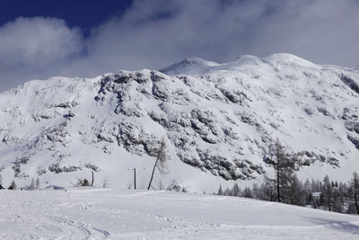 Scenic view of snow covered mountains against sky