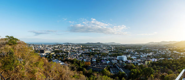 High angle shot of townscape against sky