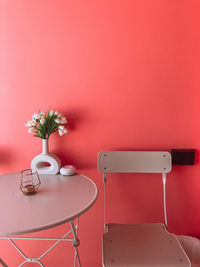 Potted plant on table against red wall