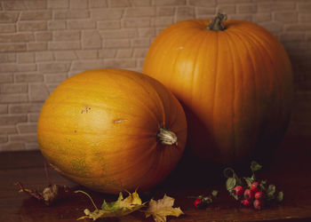 High angle view of pumpkins on table