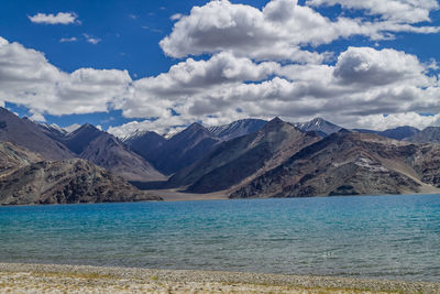 Scenic view of lake by mountains against sky