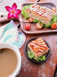 High angle view of food served on table