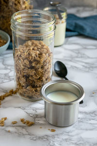 Close-up of drink in jar on table