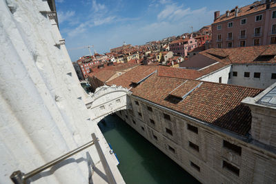 High angle view of buildings in city against sky