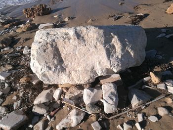 High angle view of rocks on field