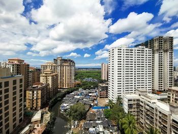 High angle view of buildings against sky