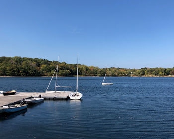 Sailboats in sea against clear blue sky