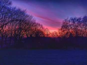 Silhouette trees by building against sky at sunset