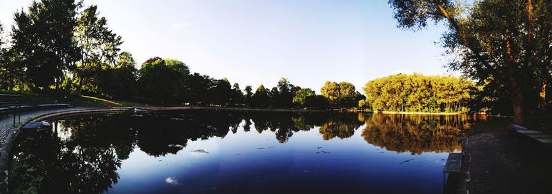 Reflection of trees in lake against sky