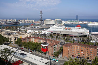 Overhead cable car against sky in city