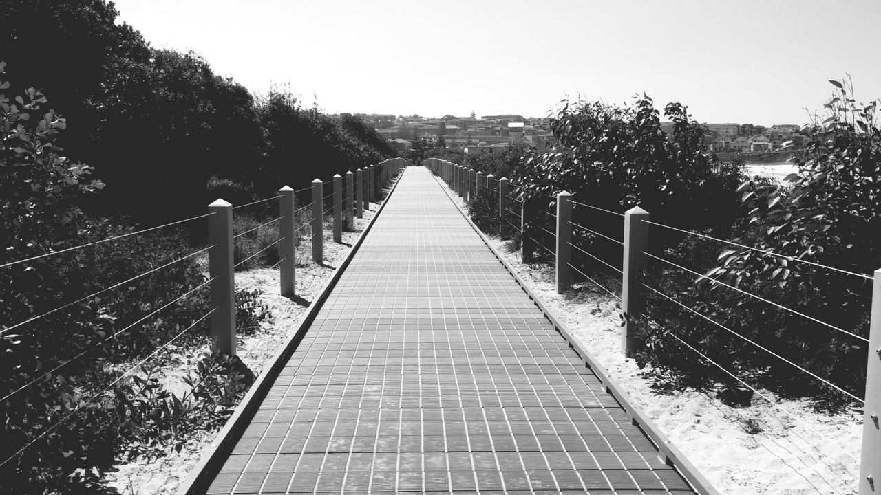 the way forward, diminishing perspective, vanishing point, railing, clear sky, connection, tree, transportation, built structure, footbridge, long, architecture, bridge - man made structure, railroad track, sky, narrow, metal, day, outdoors, walkway