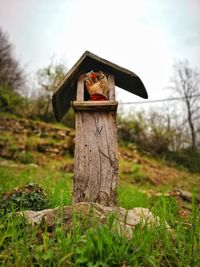 View of wooden post on field