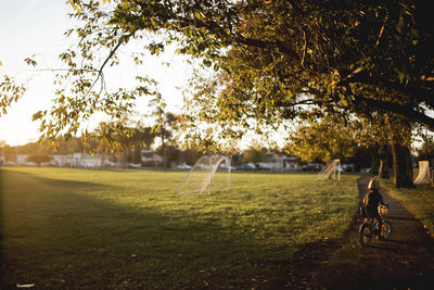 Man riding bicycle on field