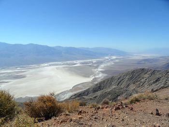 Scenic view of landscape against clear blue sky