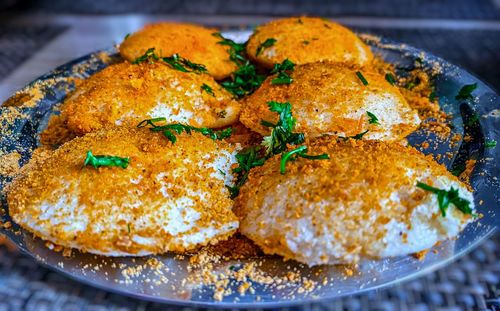 Close-up of fresh bread in plate