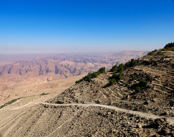 Scenic view of desert against clear blue sky