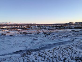 Scenic view of snowy landscape against clear sky